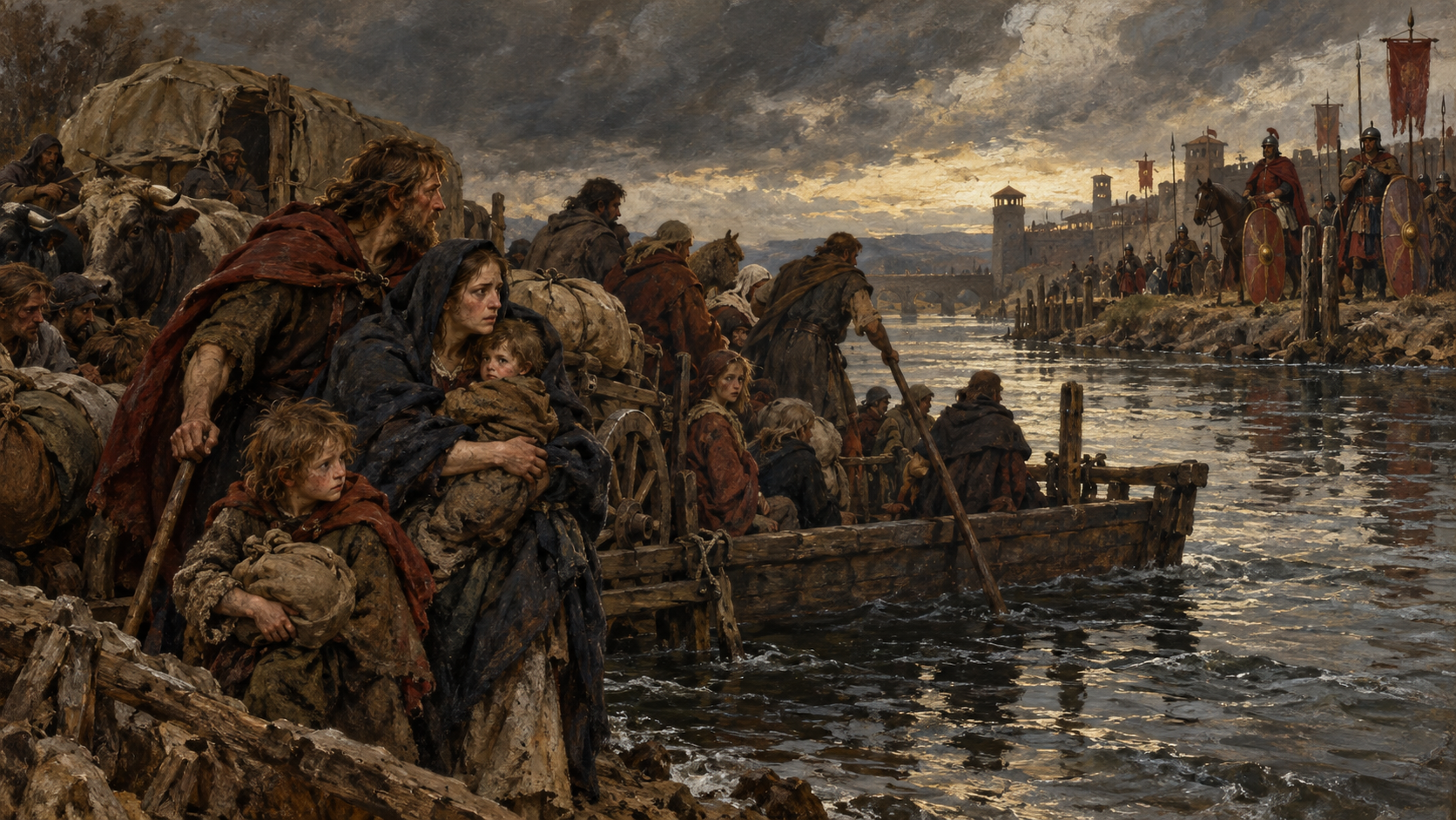 ドナウ川を渡るゴート人の家族と対岸のローマ兵を想像した、ゴヤ風の陰影のある古い絵画イメージ