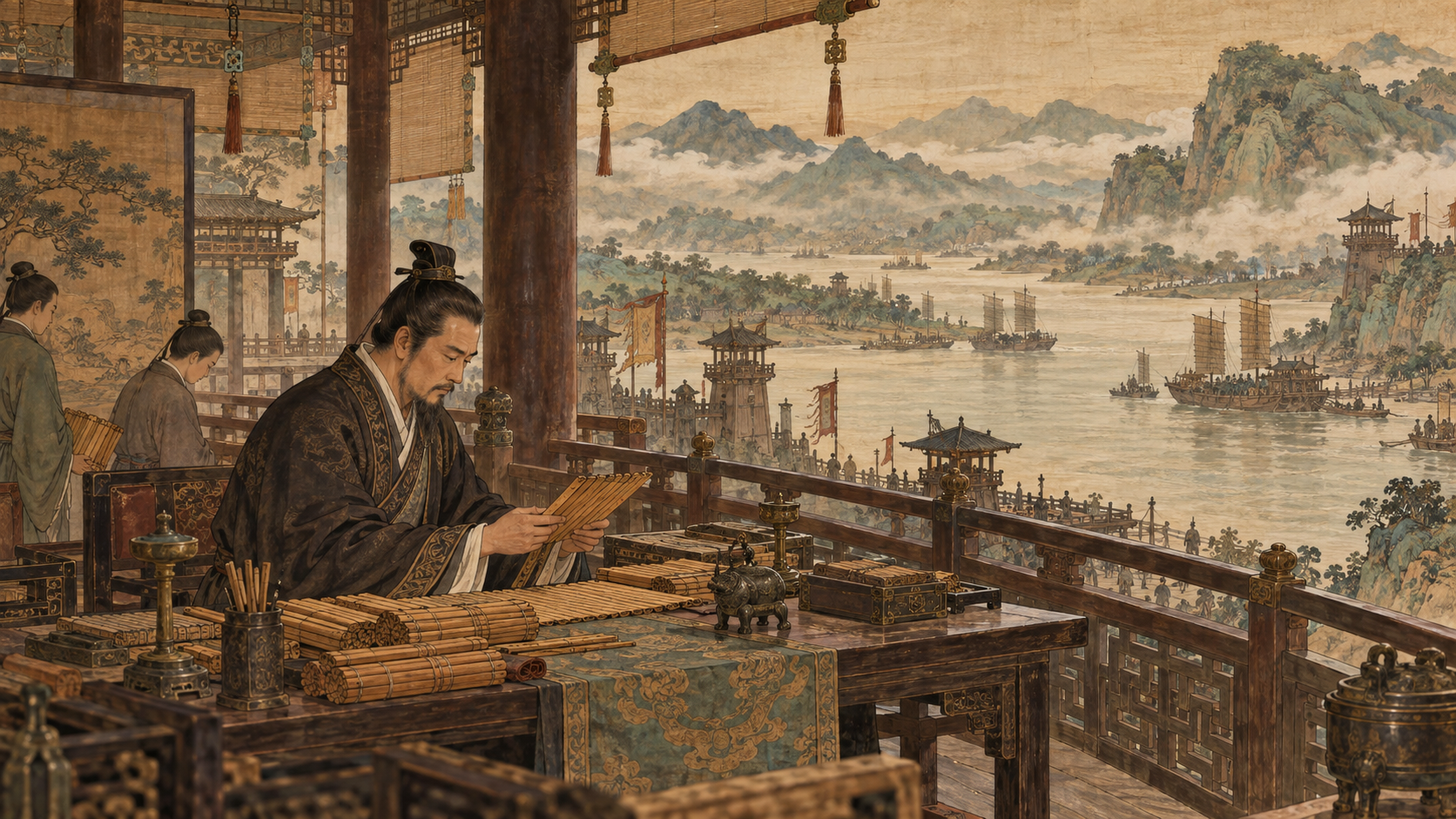 三国時代の中国を想像した、竹簡を読む人物と川沿いの景色の絵画風イメージ