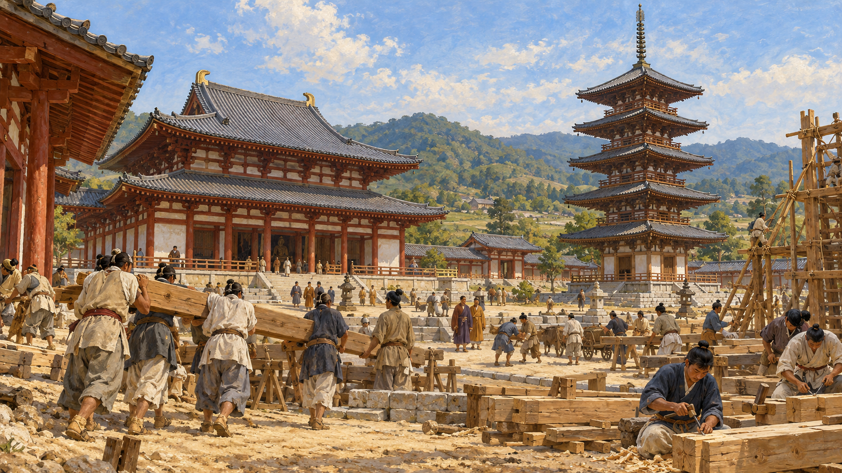 飛鳥時代の寺院建設と職人たちを題材にしたイメージ